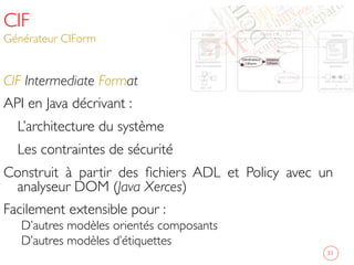 CIF
Générateur CIForm	

CIF Intermediate Format	

API en Java décrivant : 	

	

L’architecture du système 	

	

Les contraintes de sécurité	

Construit à partir des ﬁchiers ADL et Policy avec un
analyseur DOM (Java Xerces)	

Facilement extensible pour : 	

D’autres modèles orientés composants 	

D’autres modèles d’étiquettes 	

33	

 