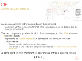 CIF
CIFIntra : Liaisons Internes	

Cas des composants patrimoniaux (Legacy Components)	

Comment vériﬁer la non-interférence intra-composant, si on ne dispose pas du
code du composant?	

Chaque composant patrimonial doit être accompagné d'un IBA (Internal
Bindings Artifact)	

Représente les liaisons internes d'un composant, sans divulguer son code	

Liaison interne : 	

Relation entre les entrées et sorties du composant	

Une entrée et une sortie d'un composant sont liées ssi il existe un ﬂux d'information
entre elles	

Le composant est non-interférent ssi pour chaque entrée e et sortie s liées : 	

l (e) ⊆ l (s)	

	

48	

 