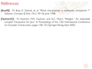 Références	

[Broy98] : M. Broy, A. Deimel, et al. What characterizes a (software) component ?”
Software- Concepts  Tools, 19(1) :49–56, June 1998.	

[Nystrom03] : N. Nystrom, M.R. Clarkson, and A.C. Myers. “Polyglot : An extensible
compiler framework for Java”. In Proceedings of the 12th International Conference
on Compiler Construction, pages 138–152. Springer-Verlag,April 2003. 	

	

	

59	

 