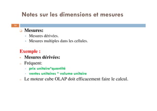 Notes sur les dimensions et mesures
Mesures:
Mesures dérivées.
Mesures multiples dans les cellules.
Exemple :
Mesures dérivées:
o Fréquent:
• prix unitaire*quantité
• ventes unitaires * volume unitaire
o Le moteur cube OLAP doit efficacement faire le calcul.
13
13
 