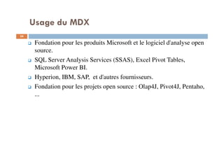 Usage du MDX
Fondation pour les produits Microsoft et le logiciel d'analyse open
source.
SQL Server Analysis Services (SSAS), Excel Pivot Tables,
Microsoft Power BI.
Hyperion, IBM, SAP, et d'autres fournisseurs.
Fondation pour les projets open source : Olap4J, Pivot4J, Pentaho,
...
34
34
 