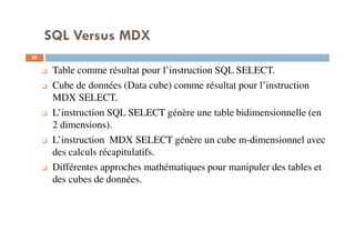 SQL Versus MDX
Table comme résultat pour l’instruction SQL SELECT.
Cube de données (Data cube) comme résultat pour l’instruction
MDX SELECT.
L’instruction SQL SELECT génère une table bidimensionnelle (en
2 dimensions).
L’instruction MDX SELECT génère un cube m-dimensionnel avec
des calculs récapitulatifs.
Différentes approches mathématiques pour manipuler des tables et
des cubes de données.
50
50
 