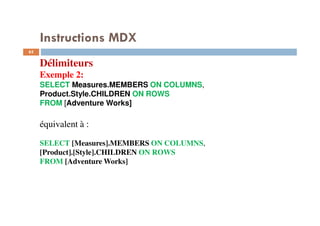 Instructions MDX
Délimiteurs
Exemple 2:
SELECT Measures.MEMBERS ON COLUMNS,
Product.Style.CHILDREN ON ROWS
FROM [Adventure Works]
équivalent à :
SELECT [Measures].MEMBERS ON COLUMNS,
[Product].[Style].CHILDREN ON ROWS
FROM [Adventure Works]
63
63
 