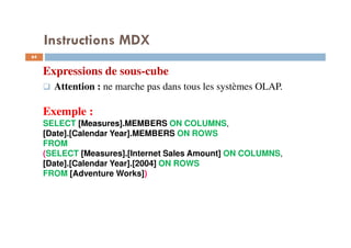 Instructions MDX
Expressions de sous-cube
Attention : ne marche pas dans tous les systèmes OLAP.
Exemple :
SELECT [Measures].MEMBERS ON COLUMNS,
[Date].[Calendar Year].MEMBERS ON ROWS
FROM
(SELECT [Measures].[Internet Sales Amount] ON COLUMNS,
[Date].[Calendar Year].[2004] ON ROWS
FROM [Adventure Works])
64
64
 