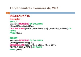 Fonctionnalités avancées de MDX
DESCENDANTS
Exemples :
SELECT
Measures.MEMBERS ON COLUMNS,
{[Store].[Store State].[CA],
DESCENDANTS([Store].[Store State].[CA], [Store City], AFTER)} ON
ROWS
FROM [Sales]
SELECT
Measures.MEMBERS ON COLUMNS,
{[Store].[Store State].[CA],
DESCENDANTS([Store].[Store State], [Store City],
BEFORE_AND_AFTER)} ON ROWS
FROM [Sales]
77
77
 