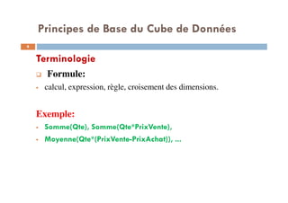 Principes de Base du Cube de Données
Terminologie
Formule:
calcul, expression, règle, croisement des dimensions.
Exemple:
Somme(Qte), Somme(Qte*PrixVente),
Moyenne(Qte*(PrixVente-PrixAchat)), ...
8
8
 