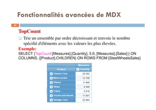 Fonctionnalités avancées de MDX
TopCount
Trie un ensemble par ordre décroissant et renvoie le nombre
spécifié d'éléments avec les valeurs les plus élevées.
Exemple:
SELECT {TopCount([Measures].[Quantity], 5.0, [Measures].[Sales])} ON
COLUMNS, {[Product].CHILDREN} ON ROWS FROM [SteelWheelsSales]
85
85
 