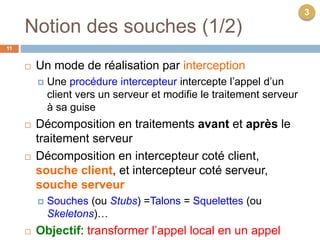 Notion des souches (1/2)
11
 Un mode de réalisation par interception
 Une procédure intercepteur intercepte l’appel d’un
client vers un serveur et modifie le traitement serveur
à sa guise
 Décomposition en traitements avant et après le
traitement serveur
 Décomposition en intercepteur coté client,
souche client, et intercepteur coté serveur,
souche serveur
 Souches (ou Stubs) =Talons = Squelettes (ou
Skeletons)…
 Objectif: transformer l’appel local en un appel
3
 