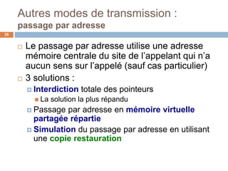 Autres modes de transmission :
passage par adresse
28
 Le passage par adresse utilise une adresse
mémoire centrale du site de l’appelant qui n’a
aucun sens sur l’appelé (sauf cas particulier)
 3 solutions :
 Interdiction totale des pointeurs
 La solution la plus répandu
 Passage par adresse en mémoire virtuelle
partagée répartie
 Simulation du passage par adresse en utilisant
une copie restauration
 