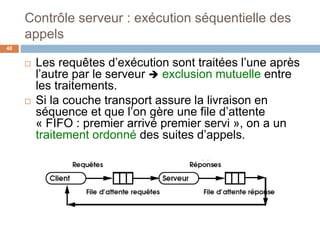 Contrôle serveur : exécution séquentielle des
appels
40
 Les requêtes d’exécution sont traitées l’une après
l’autre par le serveur  exclusion mutuelle entre
les traitements.
 Si la couche transport assure la livraison en
séquence et que l’on gère une file d’attente
« FIFO : premier arrivé premier servi », on a un
traitement ordonné des suites d’appels.
 