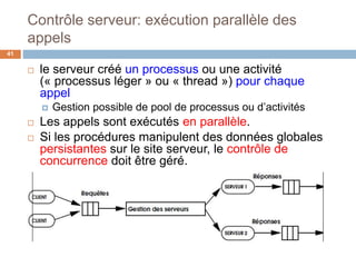 Contrôle serveur: exécution parallèle des
appels
41
 le serveur créé un processus ou une activité
(« processus léger » ou « thread ») pour chaque
appel
 Gestion possible de pool de processus ou d’activités
 Les appels sont exécutés en parallèle.
 Si les procédures manipulent des données globales
persistantes sur le site serveur, le contrôle de
concurrence doit être géré.
 