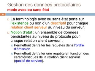 Gestion des données protocolaires
mode avec ou sans état
45
 La terminologie avec ou sans état porte sur
l’existence ou non d’un descriptif pour chaque
relation client serveur au niveau du serveur.
 Notion d’état : un ensemble de données
persistantes au niveau du protocole pour
chaque relation client serveur :
 Permettrait de traiter les requêtes dans l’ordre
d’émission.
 Permettrait de traiter une requête en fonction des
caractéristiques de la relation client serveur
(qualité de service).
 