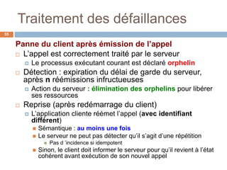 Traitement des défaillances
55
Panne du client après émission de l’appel
 L’appel est correctement traité par le serveur
 Le processus exécutant courant est déclaré orphelin
 Détection : expiration du délai de garde du serveur,
après n réémissions infructueuses
 Action du serveur : élimination des orphelins pour libérer
ses ressources
 Reprise (après redémarrage du client)
 L’application cliente réémet l’appel (avec identifiant
différent)
 Sémantique : au moins une fois
 Le serveur ne peut pas détecter qu’il s’agit d’une répétition
 Pas d ’incidence si idempotent
 Sinon, le client doit informer le serveur pour qu’il revient à l’état
cohérent avant exécution de son nouvel appel
 