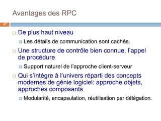 Avantages des RPC
57
 De plus haut niveau
 Les détails de communication sont cachés.
 Une structure de contrôle bien connue, l’appel
de procédure
 Support naturel de l’approche client-serveur
 Qui s’intègre à l’univers réparti des concepts
modernes de génie logiciel: approche objets,
approches composants
 Modularité, encapsulation, réutilisation par délégation.
 