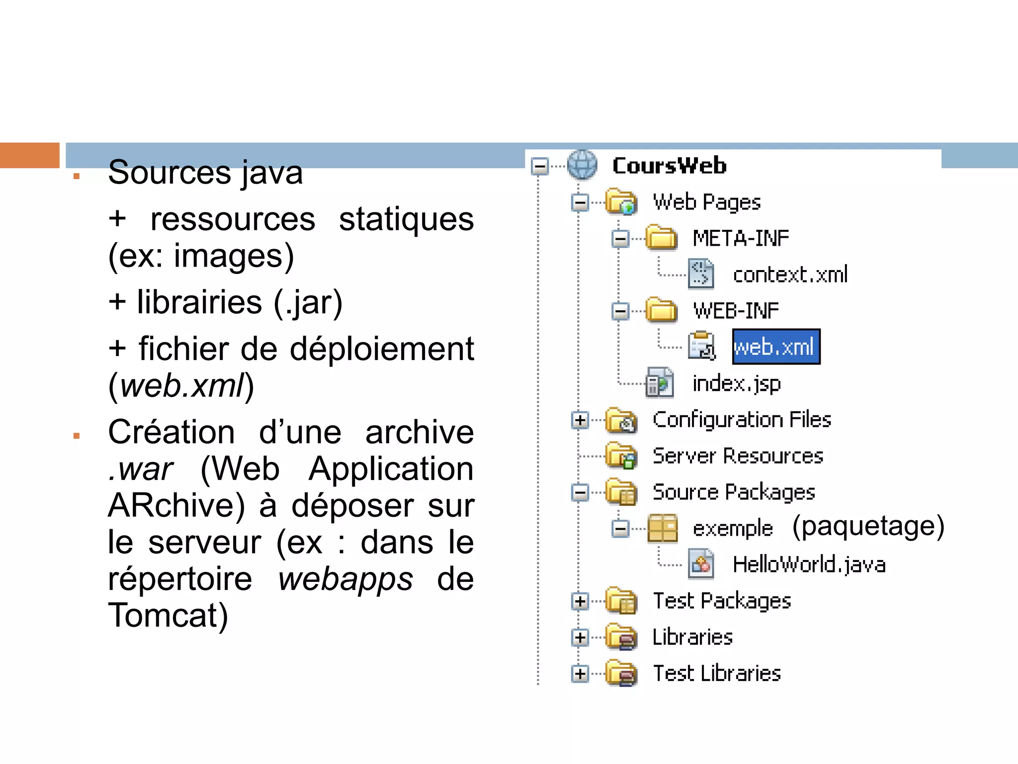 Développement de l’application web
 Sources java
+ ressources statiques
(ex: images)
+ librairies (.jar)
+ fichier de déploiement
(web.xml)
 Création d’une archive
.war (Web Application
ARchive) à déposer sur
le serveur (ex : dans le
répertoire webapps de
Tomcat)
(paquetage)
 