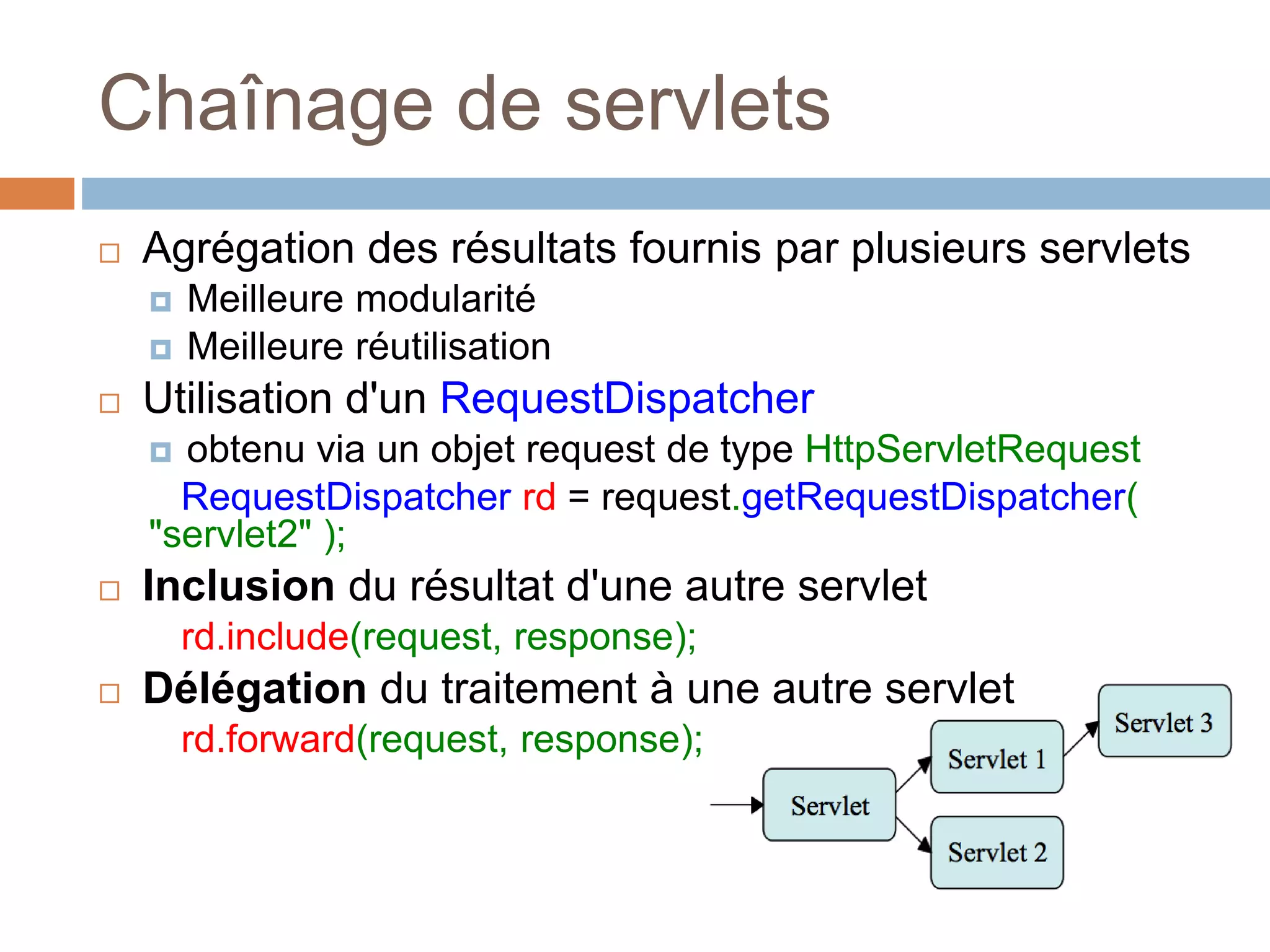 Chaînage de servlets
 Agrégation des résultats fournis par plusieurs servlets
 Meilleure modularité
 Meilleure réutilisation
 Utilisation d'un RequestDispatcher
 obtenu via un objet request de type HttpServletRequest
RequestDispatcher rd = request.getRequestDispatcher(
"servlet2" );
 Inclusion du résultat d'une autre servlet
rd.include(request, response);
 Délégation du traitement à une autre servlet
rd.forward(request, response);
 