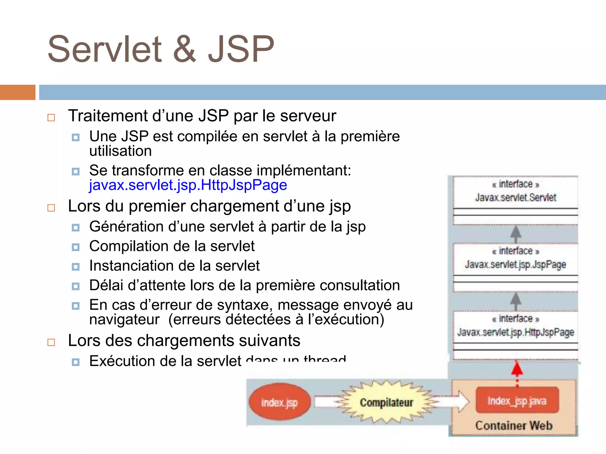 Servlet & JSP
 Traitement d’une JSP par le serveur
 Une JSP est compilée en servlet à la première
utilisation
 Se transforme en classe implémentant:
javax.servlet.jsp.HttpJspPage
 Lors du premier chargement d’une jsp
 Génération d’une servlet à partir de la jsp
 Compilation de la servlet
 Instanciation de la servlet
 Délai d’attente lors de la première consultation
 En cas d’erreur de syntaxe, message envoyé au
navigateur (erreurs détectées à l’exécution)
 Lors des chargements suivants
 Exécution de la servlet dans un thread
 