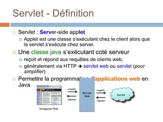 Servlet - Définition
 Servlet : Server-side applet
 Applet est une classe s’exécutant chez le client alors que
la servlet s’exécute chez server.
 Une classe java s’exécutant coté serveur
 reçoit et répond aux requêtes de clients web,
 généralement via HTTP  servlet web ou servlet (pour
simplifier)
 Permettre la programmation d'applications web en
Java
Navigateur Web
requête requête
réponseréponse
Servlet
Serveur
Web
 