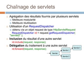 Chaînage de servlets
 Agrégation des résultats fournis par plusieurs servlets
 Meilleure modularité
 Meilleure réutilisation
 Utilisation d'un RequestDispatcher
 obtenu via un objet request de type HttpServletRequest
RequestDispatcher rd = request.getRequestDispatcher(
"servlet2" );
 Inclusion du résultat d'une autre servlet
rd.include(request, response);
 Délégation du traitement à une autre servlet
rd.forward(request, response);
 