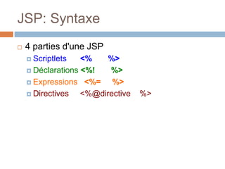 JSP: Syntaxe
 4 parties d'une JSP
 Scriptlets <% %>
 Déclarations <%! %>
 Expressions <%= %>
 Directives <%@directive %>
 