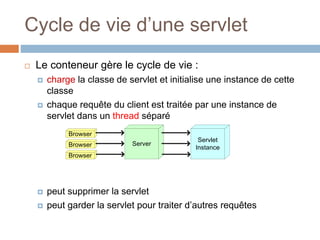 Cycle de vie d’une servlet
 Le conteneur gère le cycle de vie :
 charge la classe de servlet et initialise une instance de cette
classe
 chaque requête du client est traitée par une instance de
servlet dans un thread séparé
 peut supprimer la servlet
 peut garder la servlet pour traiter d’autres requêtes
Browser
Browser
Browser
Server
Servlet
Instance
 