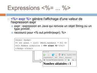 Expressions <%= ... %>
 <%= expr %> génère l'affichage d'une valeur de
l'expression expr
 expr : expression en Java qui renvoie un objet String ou un
type primitif.
 raccourci pour <% out.println(expr); %>
 