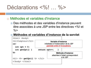 Déclarations <%! … %>
 Méthodes et variables d'instance
 Des méthodes et des variables d'instance peuvent
être associées à une JSP entre les directives <%! et
%>
 Méthodes et variables d’instance de la servlet
générée
 