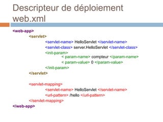 Descripteur de déploiement
web.xml
<web-app>
<servlet>
<servlet-name> HelloServlet </servlet-name>
<servlet-class> server....