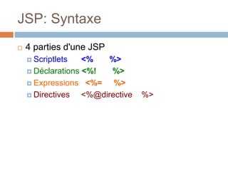 JSP: Syntaxe
 4 parties d'une JSP
 Scriptlets <% %>
 Déclarations <%! %>
 Expressions <%= %>
 Directives <%@directive...