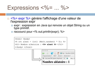 Expressions <%= ... %>
 <%= expr %> génère l'affichage d'une valeur de
l'expression expr
 expr : expression en Java qui ...