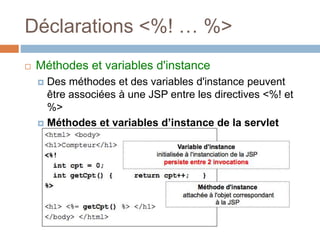 Déclarations <%! … %>
 Méthodes et variables d'instance
 Des méthodes et des variables d'instance peuvent
être associées...