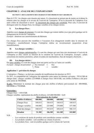 Cours de comptabilité

Prof. W. TANI

CHAPITRE 2 : ANALYSE DE L’EXPLOITATION
SECTION 1 : RECLASSEMENT DES CHARGES ET DES PRODUIS PAR VARIABILITE

Dans le C.P.C. les charges sont classées par nature. Ce classement ne permet pas de mettre en évidence la
relation entre les charges et le niveau de l’activité de l’entreprise. D’où la nécessité de l’adoption d’un
autre critère de classement à savoir : le classement des charges par variabilité. Pour cela, il convient de
distinguer entre les charges fixes, les charges variables et les charges mixtes.
I-

Les charges fixes :

Appelées aussi charges de structure. Ce sont des charges qui restent stables (ou à peu prés) quelque soit le
changement du niveau de l’entreprise.
Exemple : dotations aux amortissements du bâtiment.
Ces charges fixes peuvent être modifiées à l’occasion d’un changement notable dans la structure de
l’entreprise ; essentiellement lorsque l’entreprise réalise un investissement (acquisition d’une
immobilisation).
II-

Les charges variables :

Appelées aussi charges opérationnelles. Ce sont des charges qui sont liées très étroitement à l’activité de
l’entreprise et elles varient en fonction de la variation de l’activité de l’entreprise. Exemple : achats
consommés de matières premières, achats revendus de marchandises, frais de transport, électricité…
III- Les charges mixtes :
Ou semi-variables. Ce sont des charges dont une partie est fixe et l’autre est variable.
Exemple : charges de personnel :
fixe mensuel →
fixe
Prime
→
variable
Application 1 : prévision de charges
L’entreprise « Thalaso » ne doit pas connaître de modifications de structure en 2012.
En 2011, la comptabilité de l’entreprise fait apparaître entre autres les données suivantes : 393.615dh de
charges dont : charges variables 225.000dh et charges fixes 168.615dh, son chiffre d’affaires a été pour
cette année de 500.000dh.
T.A.F.: Déterminer le montant des charges pour des chiffres d’affaires prévisionnels de : 400.000dh,
600.000dh et 750.000dh.
Correction :
Charges fixes = 168.615dh
Charges variables représentent du chiffre d’affaires: 225.000/500.000 = 0,45
Détermination du résultat
Chiffre d’affaires
400.000
500.000
600.000

750.000

Charges fixes

168.615

168.615

168.615

168.615

Charges variables

180.000

225.000

270.000

337.500

Total des charges

348.615

393.615

438.615

506.115

51.385

106.385

161.385

243.885

Résultat
N.B. :
-

Les variations de stocks de produits sont considérées comme variables.
Les produits variables : sont sensibles au volume d’activité ;
Les produits fixes : sont invariables quelque soit le volume de l’activité.
17

 