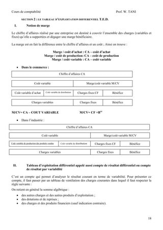 Cours de comptabilité

Prof. W. TANI

SECTION 2 : LE TABLEAU D’EXPLOITATION DIFFERENTIEL T.E.D.

I.

Notion de marge

Le chiffre d’affaires réalisé par une entreprise est destiné à couvrir l’ensemble des charges (variables et
fixes) qu’elle a supportées et dégager une marge bénéficiaire.
La marge est en fait la différence entre le chiffre d’affaires et un coût ; Ainsi on trouve :
Marge / coût d’achat : CA – coût d’achat
Marge / coût de production: CA – coût de production
Marge / coût variable : CA – coût variable


Dans le commerce :
Chiffre d’affaires CA
Coût variable

Coût variable d’achat

Marge/coût variable M/CV

Coût variable de distribution

Bénéfice

M/CV= CF +Bce

M/CV= CA – COUT VARIABLE


Bénéfice

Charges fixes

Charges variables

Charges fixes CF

Dans l’industrie :
Chiffre d’affaires CA
Coût variable

Coût variable de production des produits vendus

Marge/coût variable M/CV
Coût variable de distribution

Charges variables

Charges fixes CF

Bénéfice

Charges fixes

Bénéfice

Tableau d’exploitation différentiel appelé aussi compte de résultat différentiel ou compte
de résultat par variabilité

II.

C’est un compte qui permet d’analyser le résultat courant en terme de variabilité. Pour présenter ce
compte, il faut passer par un tableau de ventilation des charges courantes dans lequel il faut respecter la
règle suivante :
On retient en général la somme algébrique :




des autres charges et des autres produits d’exploitation ;
des dotations et de reprises ;
des charges et des produits financiers (sauf indication contraire).

18

 