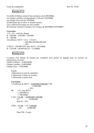 Cours de comptabilité

Prof. W. TANI

Exercice n°1 :
Un chiffre d’affaires annuel d’une entreprise est de 800.000dh.
Les charges variables correspondantes s’élèvent à 560.000dh.
Les charges fixes sont de 140.000dh.
1/ Déterminer par le calcul le résultat courant ;
2/Le coefficient de marge sur coût variable.
3/ Comment varierait le résultat si le CA passe de 800.000dh à 850.000dh ?
Correction
1/ R = CA – total des charges
R = 800.000 – (560.000 + 140.000)
R = 100.000
2/Coefficient M/CV = (CA – CV)/CA
= (800.000-560.000)/800.000
= 30%
3/ M/CV = 850.000*30% donc M/CV= 255.000dh
R = 255.000 –140.000 donc R = 115.000dh
Exercice n°2 :
L’examen d’un tableau de résultat par variabilité nous permet de dégager pour un exercice les
informations suivantes :
Chiffre d’affaires : 10.000.000dh
Charges variables : 8.000.000dh
Charges fixes : 1.500.000dh
T.A.F.:
1/Déterminer le seuil de rentabilité ;
2/ Déterminer l’indice de sécurité ;
3/ Déterminer le point mort.
Correction :
1-Coefficient de M/CV = 10.000.000-8.000.000 *100
10.000.000
= 20%
SR
= CF / taux M/CV
= 1.500.000/0,2
= 7.500.000dh
2- IdS = CA-SR = 10.000.000-7.500.000
CA
10.000.000
donc IS = 25%
3-PM = 12* SR = 12* 7.500.000
CA
10.000.000
Donc PM = 9 mois

24

 