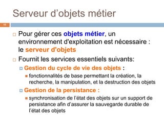 Serveur d’objets métier
11
 Pour gérer ces objets métier, un
environnement d'exploitation est nécessaire :
le serveur d'objets
 Fournit les services essentiels suivants:
 Gestion du cycle de vie des objets :
 fonctionnalités de base permettant la création, la
recherche, la manipulation, et la destruction des objets
 Gestion de la persistance :
 synchronisation de l’état des objets sur un support de
persistance afin d’assurer la sauvegarde durable de
l’état des objets
 