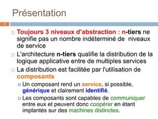 Présentation
5
 Toujours 3 niveaux d’abstraction : n-tiers ne
signifie pas un nombre indéterminé de niveaux
de service
 L'architecture n-tiers qualifie la distribution de la
logique applicative entre de multiples services
 La distribution est facilitée par l'utilisation de
composants
 Un composant rend un service, si possible,
générique et clairement identifié.
 Les composants sont capables de communiquer
entre eux et peuvent donc coopérer en étant
implantés sur des machines distinctes.
 