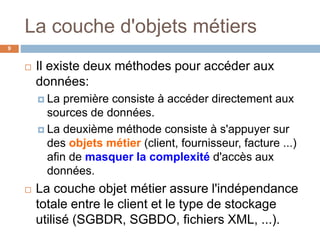 La couche d'objets métiers
9
 Il existe deux méthodes pour accéder aux
données:
 La première consiste à accéder directement aux
sources de données.
 La deuxième méthode consiste à s'appuyer sur
des objets métier (client, fournisseur, facture ...)
afin de masquer la complexité d'accès aux
données.
 La couche objet métier assure l'indépendance
totale entre le client et le type de stockage
utilisé (SGBDR, SGBDO, fichiers XML, ...).
 