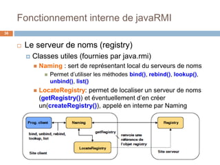 Fonctionnement interne de javaRMI
36
 Le serveur de noms (registry)
 Classes utiles (fournies par java.rmi)
 Naming : sert de représentant local du serveurs de noms
 Permet d’utiliser les méthodes bind(), rebind(), lookup(),
unbind(), list()
 LocateRegistry: permet de localiser un serveur de noms
(getRegistry()) et éventuellement d’en créer
un(createRegistry()), appelé en interne par Naming
 