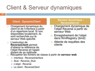 Client & Serveur dynamiques
 Chargement dynamique du
client et de l’interface à partir
d’un répertoire local. Si non
disponibles localement, ils
sont recherchés sur le
serveur Web spécifié.
 L’exécution de
ReverseClient permet
d’obtenir la référence de
l’objet Reverse et l’appel
distant de sa méthode
 Chargement dynamique de
l’objet Reverse à partir du
serveur Web
 Enregistrement de l’objet
dans RmiRegistry (bind)
 Attente de requêtes des
clients
51
Client : DynamicClient
Serveur dynamique :
ReverseServer
 Récupérer les fichiers de classe à partir de serveur web
 Interface : ReverseInterface
 Stub : Reverse_Stub
 L’objet : Reverse
 Le client : ReverseClient
 