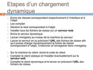 Etapes d’un chargement
dynamique55
 Ecrire les classes correspondant respectivement à l’interface et à
l’objet
 Les compiler
 Générer le stub correspondant à l’objet
 Installer tous les fichiers de classe sur un serveur web
 Ecrire le serveur dynamique
 Lancer rmiregistry au niveau de la machine du serveur
 Lancer le serveur en lui précisant l’URL des fichiers de classe afin
qu’il puisse charger dynamiquement le fichier de classe
correspondant à l’objet, l’instancier et l’enregistrer dans rmiregistry
 Sur la machine du client, écrire le code du client
 Compiler le client statique et l’installer éventuellement sur le
serveur web
 Compiler le client dynamique et le lancer en précisant l’URL des
fichiers de classe.
 