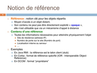 Notion de référence
6
 Référence : notion clé pour les objets répartis
 Moyen d’accès à un objet distant,
 Son contenu ne peut pas être directement exploité « opaque »,
elle n’est utilisable que via un mécanisme d’appel à distance
 Contenu d’une référence
 Toutes les informations nécessaires pour atteindre physiquement l’objet
 Site de résidence (adresse IP)
 Numéro de porte sur le site (Numéro de port)
 Localisation interne au serveur
 …
 Exemples
 En Java RMI : la référence est le talon client (stub)
 En Corba : format de référence spécifié (IOR : Interoperable Object
Reference)
 En DCOM : format “propriétaire”
 