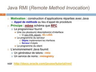 Java RMI (Remote Method Invocation)
7
 Motivation : construction d’applications réparties avec Java
 Appel de méthode au lieu d’appel de procédure
 Principe : même schéma que RPC
 Le programmeur fournit
 Une (ou plusieurs) description(s) d’interface
 Ici pas d’IDL séparé : IDL=JAVA
 Le programme du serveur
 Objets implémentant les interfaces
 Serveur d’objets
 Le programme du client
 L’environnement Java fournit
 Un générateur de talons : rmic
 Un service de noms : rmiregistry
voir http://docs.oracle.com/javase/tutorial/rmi/
 