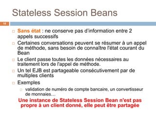 Stateless Session Beans
 Sans état : ne conserve pas d’information entre 2
appels successifs
 Certaines conversations peuvent se résumer à un appel
de méthode, sans besoin de connaître l'état courant du
Bean
 Le client passe toutes les données nécessaires au
traitement lors de l'appel de méthode.
 Un tel EJB est partageable consécutivement par de
multiples clients
 Exemples
 validation de numéro de compte bancaire, un convertisseur
de monnaies…
Une instance de Stateless Session Bean n'est pas
propre à un client donné, elle peut être partagée
18
 