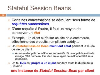 Stateful Session Beans
 Certaines conversations se déroulent sous forme de
requêtes successives.
 D'une requête à l'autre, il faut un moyen de
conserver un état
 Exemple : un client surfe sur un site de e-commerce,
sélectionne des produits, remplit son caddy…
 Un Stateful Session Bean maintient l’état pendant la durée
de vie du client
 Au cours d'appels de méthodes successifs. Si un appel de méthode
change l'état du Bean, lors d'un autre appel de méthode l'état sera
disponible.
 Un tel EJB est propre à un client pendant toute la durée de la
Session
une instance de Stateful Session Bean par client
19
 