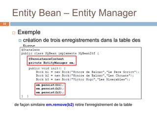 Entity Bean – Entity Manager
 Exemple
 création de trois enregistrements dans la table des
livres
de façon similaire em.remove(b2) retire l'enregistrement de la table
32
 