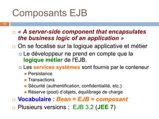 Composants EJB
 « A server-side component that encapsulates
the business logic of an application »
 On se focalise sur la logique applicative et métier
 Le développeur ne prend en compte que la
logique métier de l'EJB.
 Les services systèmes sont fournis par le conteneur
 Persistance
 Transactions
 Sécurité (authentification, confidentialité, etc.)
 Réserve (pool) d’objets, équilibrage de charge
 Vocabulaire : Bean = EJB = composant
 Plusieurs versions : EJB 3.2 (JEE 7)
11
 