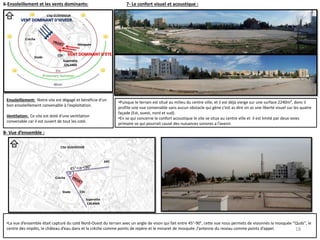 6-Ensoleillement et les vents dominants: 7- Le confort visuel et acoustique :
8- Vue d’ensemble :
VENT DOMINANT D’HIVEER.
VENT DOMINANT D’ETE.
Superette
CALAMA
CDI
Mosquée
Stade
Crèche
Cite GUEHDOUR
N
Ensoleillement: Notre site est dégagé et bénéficie d’un
bon ensoleillement convenable à l’exploitation.
Ventilation: Ce site est doté d’une ventilation
convenable car il est ouvert de tout les coté.
•Puisque le terrain est situé au milieu du centre ville, et il est déjà vierge sur une surface 2240m², donc il
profite une vue convenable sans aucun obstacle qui gène c’est as dire on as une liberté visuel sur les quatre
façade (Est, ouest, nord et sud).
•En se qui concerne le confort acoustique le site se situe au centre ville et il est limité par deux voies
primaire se qui pourrait causé des nuisances sonores a l’avenir.
APC
Superette
CALAMA
CDIStade
Crèche
Cite GUEHDOUR
•La vue d’ensemble était capturé du coté Nord-Ouest du terrain avec un angle de vison qui fait entre 45°-90°, cette vue nous permets de visionnés la mosquée ‘’Quds’’, le
centre des impôts, le château d’eau dans et la crèche comme points de repère et le minaret de mosquée ,l’antenne du reseau comme points d’appel.
N
α
18
 