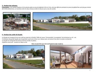 3 - Analyse des volumes:
Présentation : Une variété d’espaces et de volumes grâce au jeux de plafonds 4.2m et 2.4m, ainsi par effet de contraste les zones de plafond bas sont perçues comme
des niches protectrices; La transition entre les deux niveaux se fait en douceur par un jeu de courbes.
4 - Analyse des unités de façade:
•La façade est composé d’une seul unité qui exprime la fluidité, l’effet de masse, l’horizontalité, la complexité, l’accrochement au sol …etc.
•L’utilisation de grande façade avec de grandes ouvertures et des murs rideaux avec une texture lisse dont la couleur est blanche.
•La façade est composée de plusieurs formes (rondes et plates).
•Système constructif : ossature en béton armé.
Donc on peut dire que c’est une façade de style moderne.
4
 
