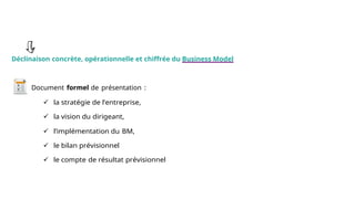 Le Business Plan
Déclinaison concrète, opérationnelle et chiffrée du Business Model
Document formel de présentation :
 la stratégie de l’entreprise,
 la vision du dirigeant,
 l’implémentation du BM,
 le bilan prévisionnel
 le compte de résultat prévisionnel
 