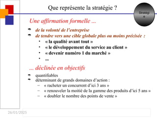 26/01/2025
Que représente la stratégie ?
Une affirmation formelle ...
... déclinée en objectifs


de la volonté de l’entreprise
de tendre vers une cible globale plus ou moins précisée :
•
•
•
•
« la qualité avant tout »
« le développement du service au client »
« devenir numéro 1 du marché »
...
Stratégi
e


quantifiables
déterminant de grands domaines d’action :
–
–
–
« racheter un concurrent d’ici 3 ans »
« renouveler la moitié de la gamme des produits d’ici 5 ans »
« doubler le nombre des points de vente »
 